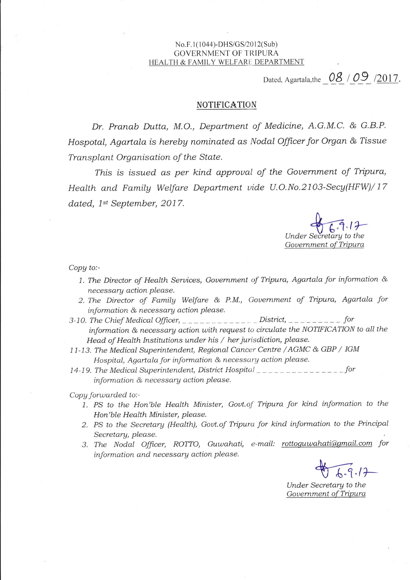 Notification regarding Nodal Officer 0f Organ & Tissue Transplant Organisation of the State